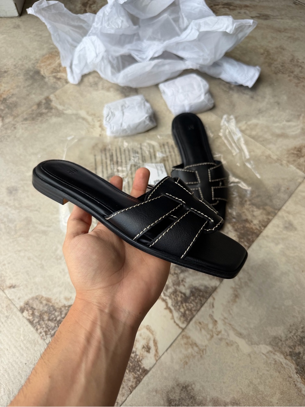 Classic Black Leather Slide Sandals for Women